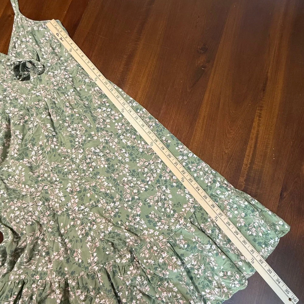 AUW Womens Floral Cottagecore Midi Dress Size M Green Ruffle Hem Spaghetti Strap - Picture 9 of 9